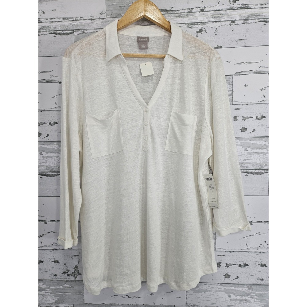 Chicos Knit Top Linen Utility Tee Top 3/4 Sleeve Womens 3 US‎ Xlarge Sheer